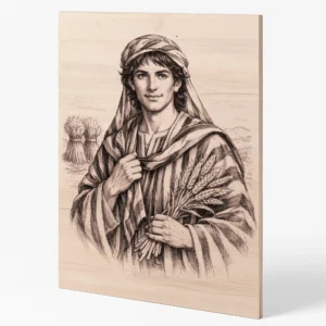 Dřevěný gravírovaný obraz Josef Egyptský z boku – realistická kresba na bukové desce, biblický motiv vhodný jako dekorace nebo dárek