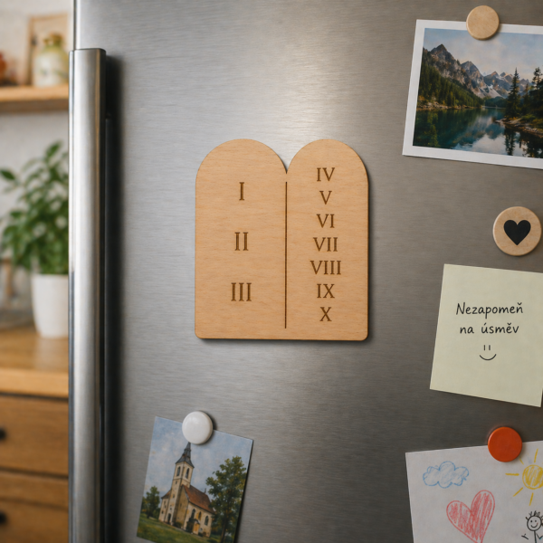 magnet desatero přikázání ze dřeva na lednici – jemný laserový gravír, křesťanský symbol do kuchyně