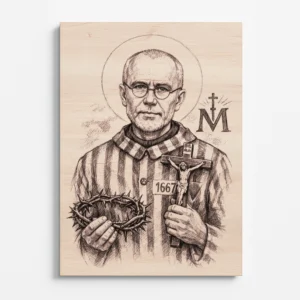 Gravírovaný portrét svatého Maxmiliána Kolbeho na dřevě – detailní kresba s křížem a trnovou korunou