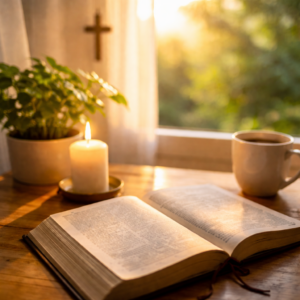 Klidné ranní světlo zaplavuje dřevěný stůl u okna, na němž leží otevřená Bible. Vedle ní tiše hoří svíce, jejíž plamen odráží teplé zlaté tóny nového dne. V pozadí visí jednoduchý kříž, který nenápadně připomíná Boží přítomnost, zatímco hrnek s teplým nápojem a zelená rostlina dotvářejí atmosféru pokoje, ticha a soustředění. Obraz vyjadřuje začátek dne prožitého v modlitbě, vnitřní usebrání a otevřenost vůči Bohu.