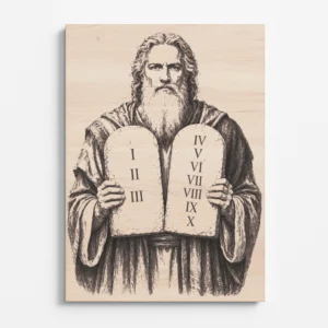 gravírovaný obraz Mojžíš do dřeva, detailní zpracování Desatera, dřevěná dekorace s biblickým motivem, laserové gravírování