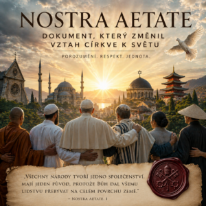 Nostra aetate – silný vizuál jednoty náboženství, papež a zástupci různých vír stojí společně při východu slunce, symbol dialogu mezi náboženstvími, míru a jednoty lidstva podle 2. vatikánského koncilu