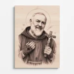 gravírovaný dřevěný obraz svatý Padre Pio z bukové překližky s motivem světce se stigmaty a křížem