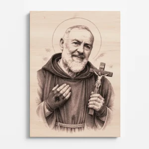 gravírovaný dřevěný obraz svatý Padre Pio z bukové překližky s motivem světce se stigmaty a křížem