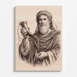 Detailní laserem gravírovaný portrét proroka Samuela na bukovém dřevě, čelní pohled na biblickou postavu s výraznou tváří a rouchem, držící roh s olejem jako symbol Božího povolání, jemná kresba s vysokým kontrastem a přirozenou strukturou dřeva, náboženský obraz na zeď