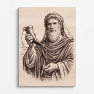 Detailní laserem gravírovaný portrét proroka Samuela na bukovém dřevě, čelní pohled na biblickou postavu s výraznou tváří a rouchem, držící roh s olejem jako symbol Božího povolání, jemná kresba s vysokým kontrastem a přirozenou strukturou dřeva, náboženský obraz na zeď