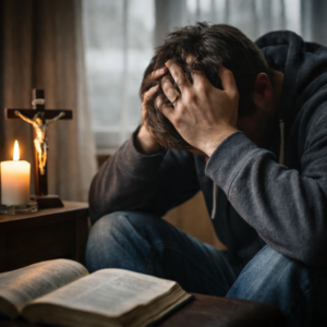 Muž v hluboké vnitřní krizi sedí se skloněnou hlavou v dlaních vedle kříže, zapálené svíčky a otevřené Bible, v tichu hledá naději uprostřed zoufalství.