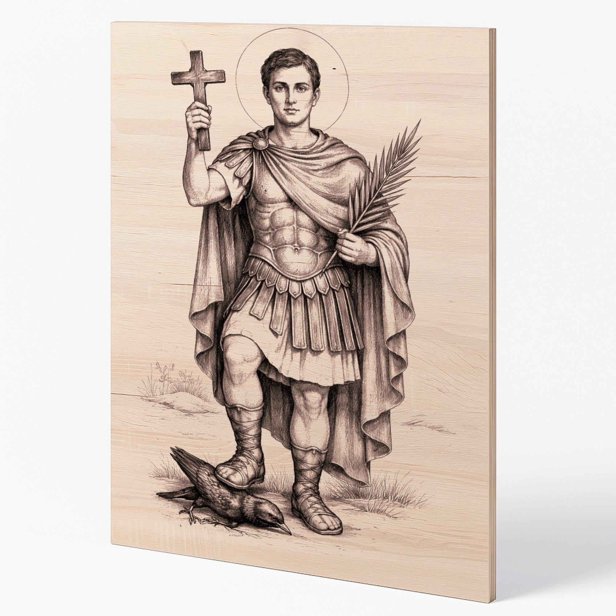Svatý Expedit vyrytý do světlého dřeva, římský voják držící kříž a palmovou ratolest, stojící na havranovi, jemné stínování, detailní gravírování, pohled z boku