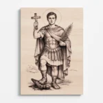 Detailní gravírovaný obraz svatého Expedita na dřevě, římský voják s křížem a palmou, symbol vítězství nad odkládáním, precizní laserová kresba, čelní pohled