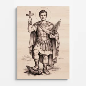 Detailní gravírovaný obraz svatého Expedita na dřevě, římský voják s křížem a palmou, symbol vítězství nad odkládáním, precizní laserová kresba, čelní pohled