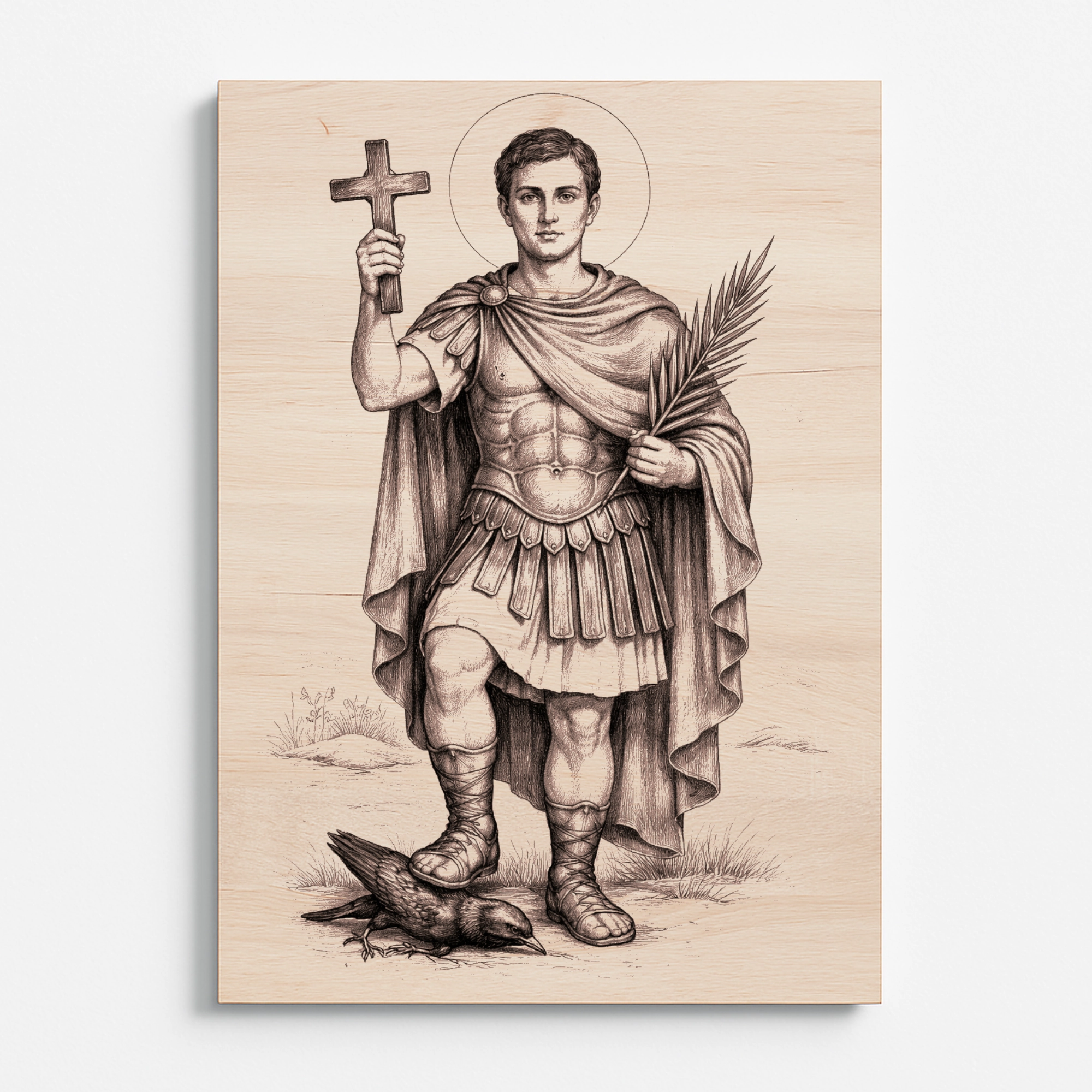 Detailní gravírovaný obraz svatého Expedita na dřevě, římský voják s křížem a palmou, symbol vítězství nad odkládáním, precizní laserová kresba, čelní pohled