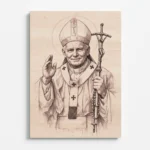 Svatý Jan Pavel II. – gravírovaný portrét na dřevěné desce Detailní rytina svatého Jana Pavla II. na bukovém dřevě Katolický motiv Jan Pavel II. – dřevěný gravírovaný obraz Portrét papeže Jana Pavla II. s křížem – gravírování do dřeva Náboženský obraz svatého Jana Pavla II. na dřevě