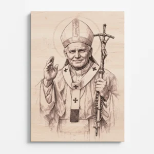 Svatý Jan Pavel II. – gravírovaný portrét na dřevěné desce Detailní rytina svatého Jana Pavla II. na bukovém dřevě Katolický motiv Jan Pavel II. – dřevěný gravírovaný obraz Portrét papeže Jana Pavla II. s křížem – gravírování do dřeva Náboženský obraz svatého Jana Pavla II. na dřevě