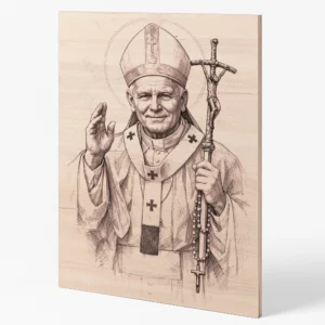 Dřevěná klíčenka s gravírovaným portrétem Jana Pavla II. Katolická klíčenka – svatý Jan Pavel II. na dřevě Malý gravírovaný přívěsek s motivem papeže Jana Pavla II. Náboženský dárek – klíčenka s Janem Pavlem II. Dřevěný přívěsek s portrétem svatého Jana Pavla II.