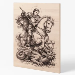 Dřevěný obraz svatého Jiří na koni probodávajícího draka, detailní gravírování na světlém dřevě, šikmý pohled.