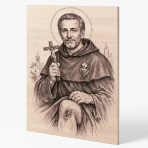 dřevěný gravírovaný obraz svatého Peregrina Laziosi z boku, křesťanský motiv patrona nemocných s krucifixem