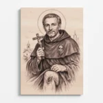 gravírovaný portrét svatého Peregrina Laziosi na dřevě, detailní křesťanský obraz patrona nemocných a trpících