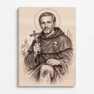 gravírovaný portrét svatého Peregrina Laziosi na dřevě, detailní křesťanský obraz patrona nemocných a trpících