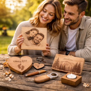 dřevěné gravírované produkty na míru, pár venku s gravírovanou fotografií do dřeva, personalizované dárky ze dřeva, laserové gravírování
