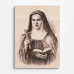 Dřevěný obraz svaté Edith Stein s detailní gravírovanou ilustrací v čelním pohledu. Portrét řeholnice s křížem a knihou je vypálený do světlého dřeva s jemnými stíny a realistickou kresbou.