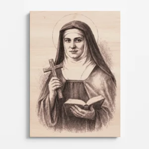 Dřevěný obraz svaté Edith Stein s detailní gravírovanou ilustrací v čelním pohledu. Portrét řeholnice s křížem a knihou je vypálený do světlého dřeva s jemnými stíny a realistickou kresbou.
