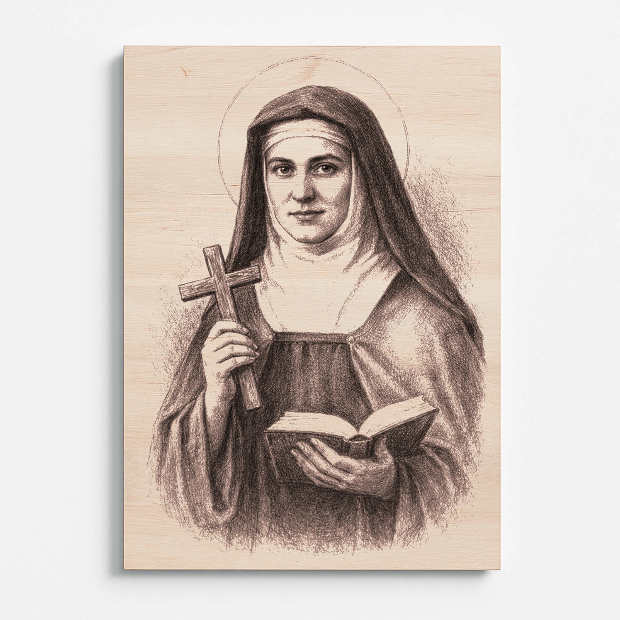 Dřevěný obraz svaté Edith Stein s detailní gravírovanou ilustrací v čelním pohledu. Portrét řeholnice s křížem a knihou je vypálený do světlého dřeva s jemnými stíny a realistickou kresbou.