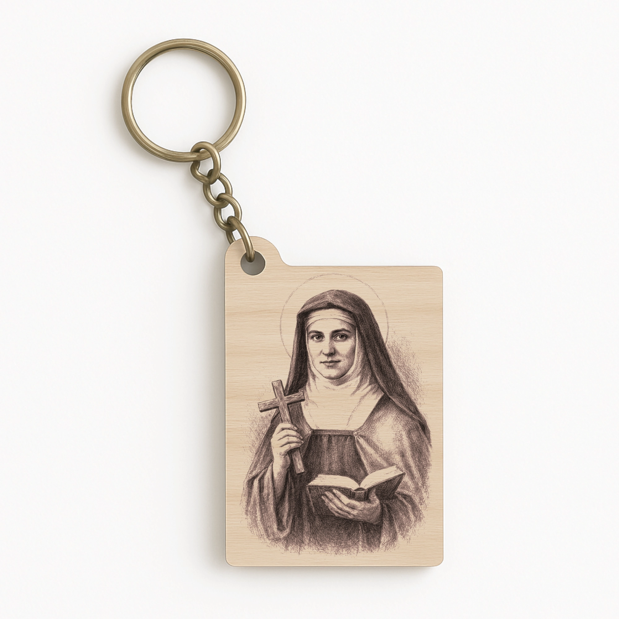 Dřevěná klíčenka se svatou Edith Stein vyrobená z přírodního dřeva. Jemně gravírovaný portrét řeholnice s křížem a knihou doplňuje kovový kroužek, minimalistický vzhled a hladké zaoblené rohy.