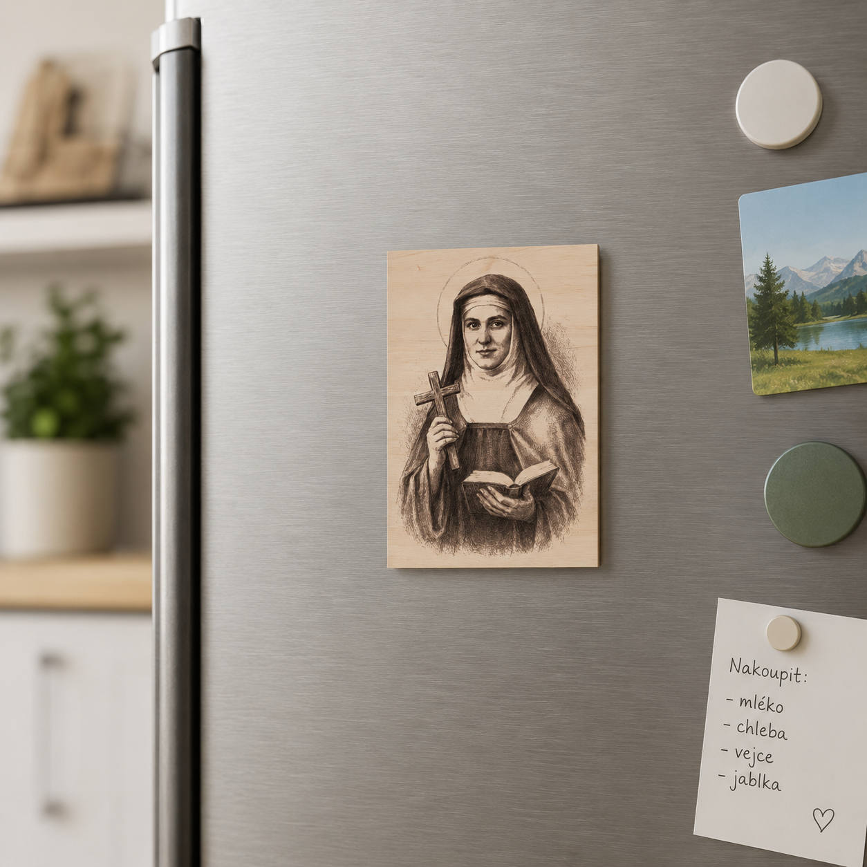 Dřevěný magnet na lednici se svatou Edith Stein připevněný na nerezové lednici. Gravírovaný portrét v přírodním odstínu dřeva působí elegantně a decentně v moderní kuchyni.