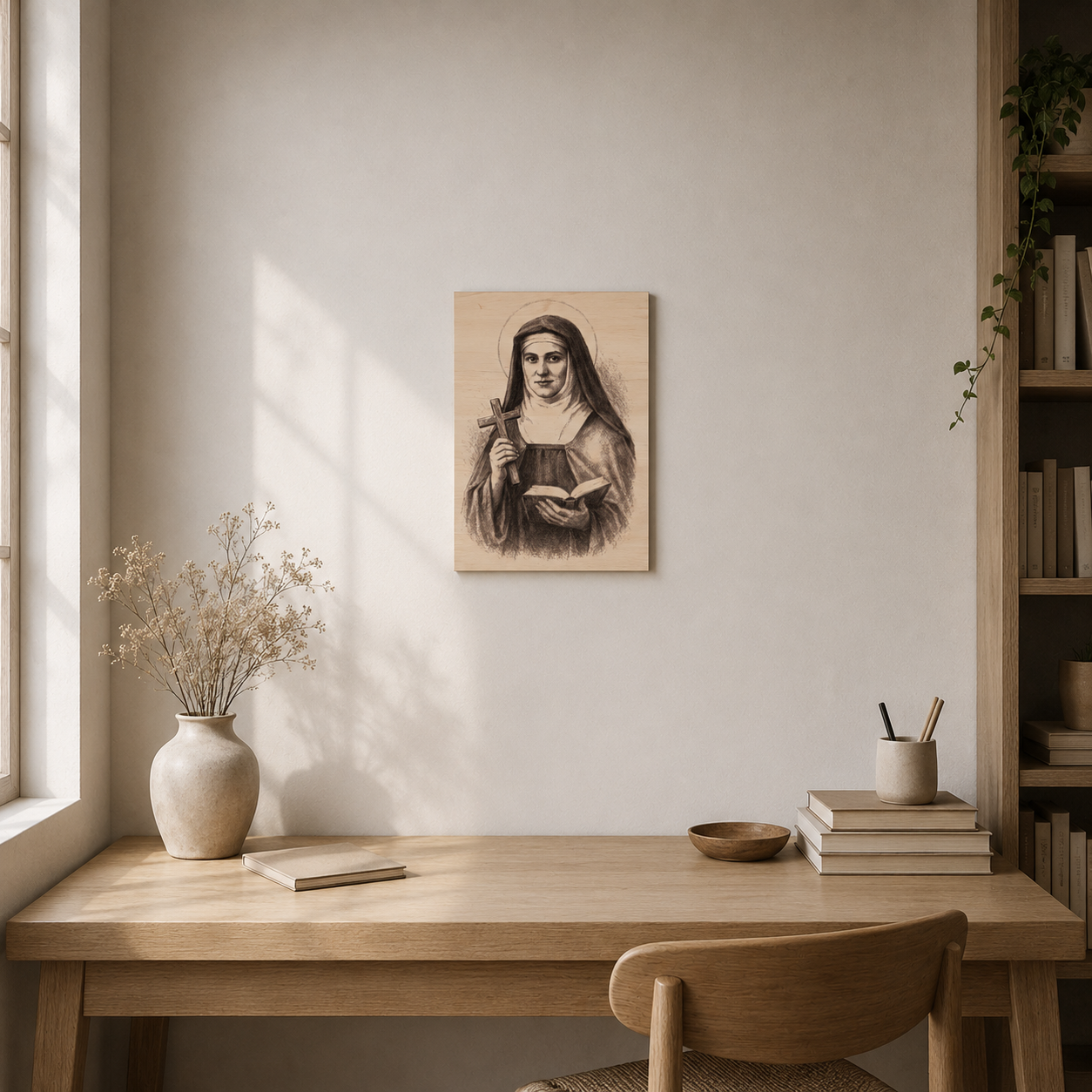 Minimalistický interiér s malým dřevěným obrazem svaté Edith Stein zavěšeným nad pracovním stolem. Gravírovaný portrét v přírodním dřevě harmonicky doplňuje světlý moderní pokoj s jemným denním světlem.
