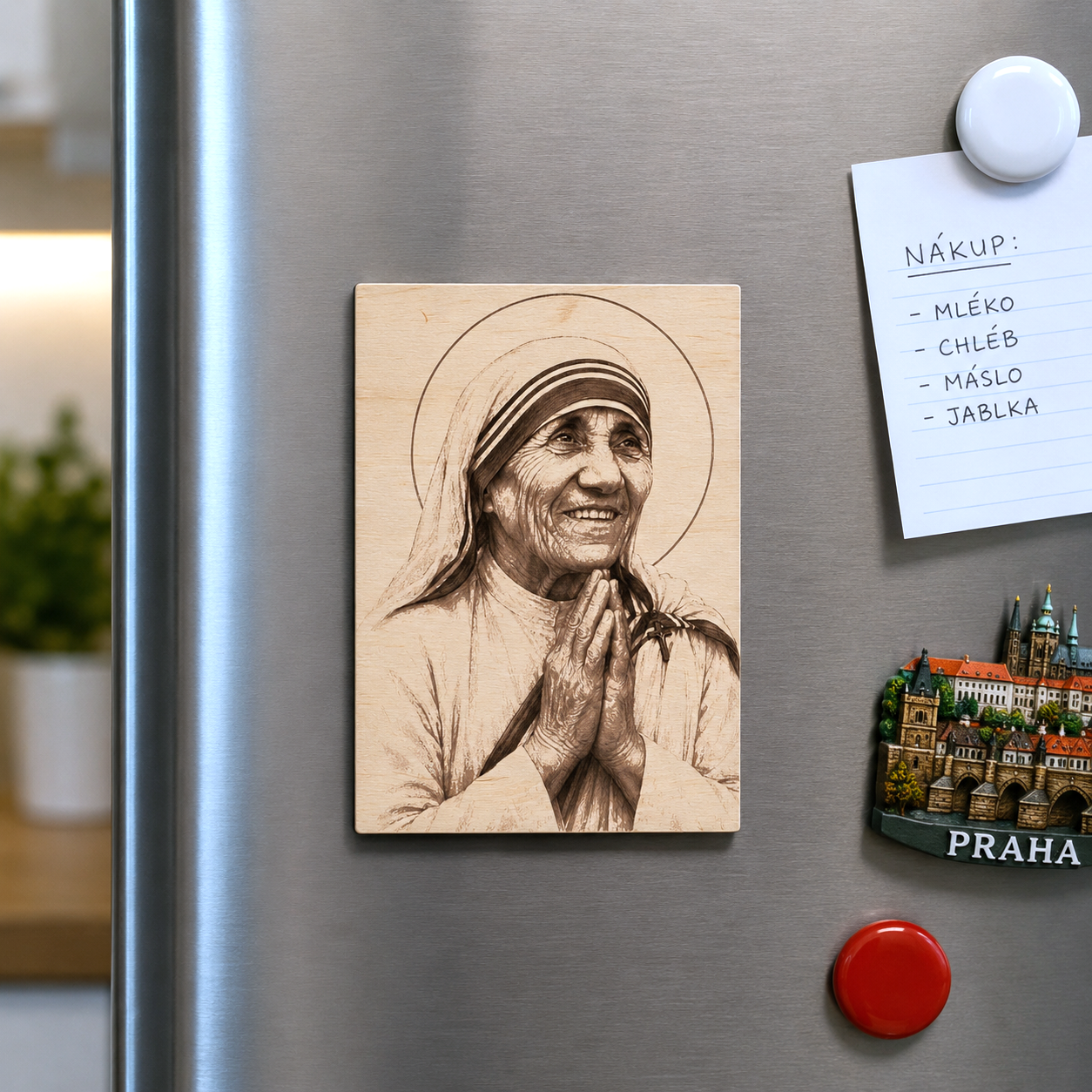 Dřevěný magnet na lednici s gravírováním Matky Terezy, laserově gravírovaný portrét svaté Terezy z Kalkaty na bukovém dřevě, křesťanský magnet do kuchyně, katolická dekorace na lednici, originální náboženský dárek do domácnosti