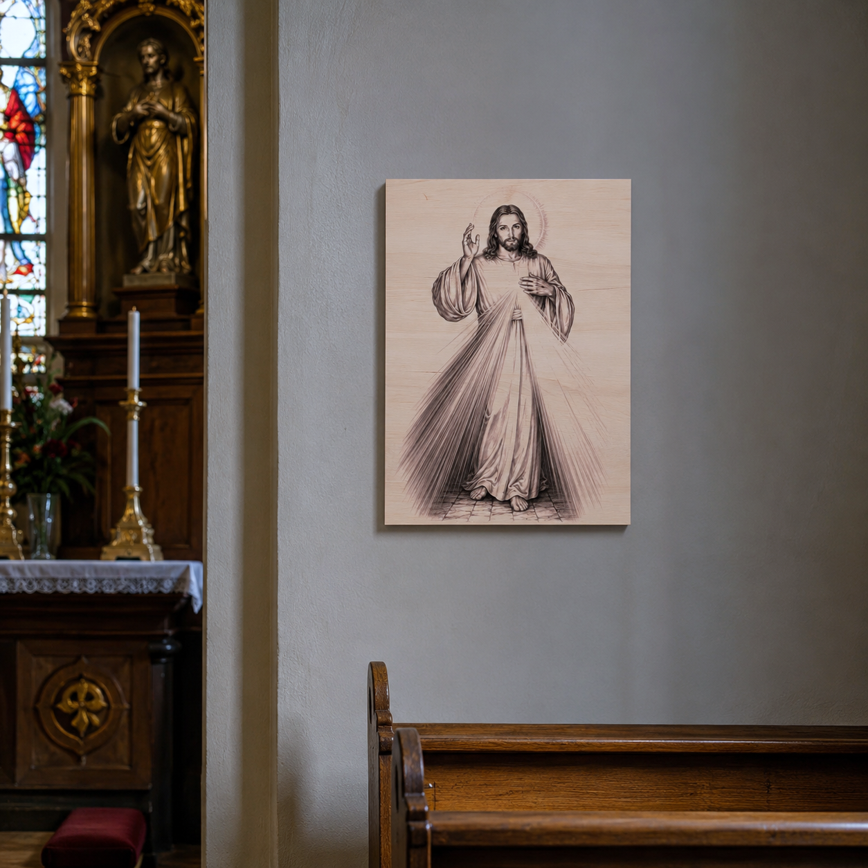 Gravírovaný obraz Božího Milosrdenství zavěšený na stěně kostela vedle lavic a oltáře. Ježíš Kristus s paprsky milosrdenství působí jako tichá výzva k modlitbě, důvěře a odevzdání se Bohu v posvátném prostoru chrámu.