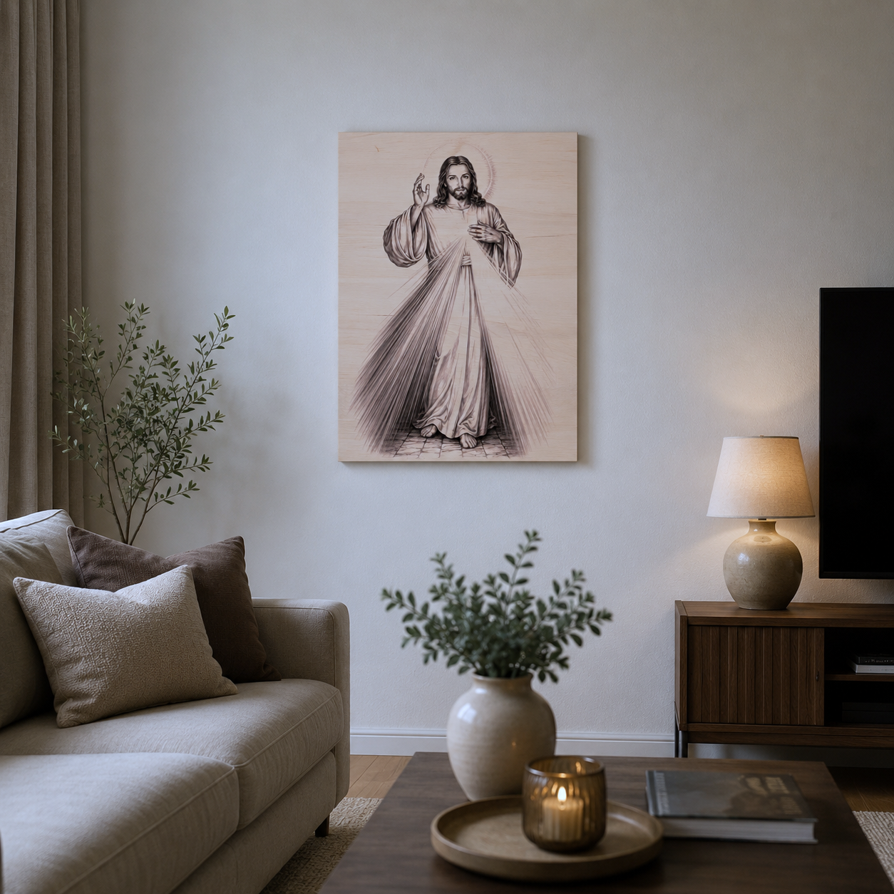 Dřevěný obraz Božího Milosrdenství zavěšený v elegantním obývacím pokoji s přírodními dekoracemi a teplým světlem lampy. Gravírovaný Kristus s paprsky milosrdenství vytváří dominantní duchovní prvek interiéru a přináší pocit klidu a naděje.