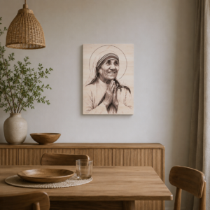 Dřevěný obraz Matky Terezy v moderní jídelně, elegantní laserové gravírování portrétu svaté Terezy z Kalkaty na světlém dřevě, křesťanská dekorace do domácnosti, katolický obraz na zeď do obývacího pokoje nebo jídelny, minimalistický duchovní interiér