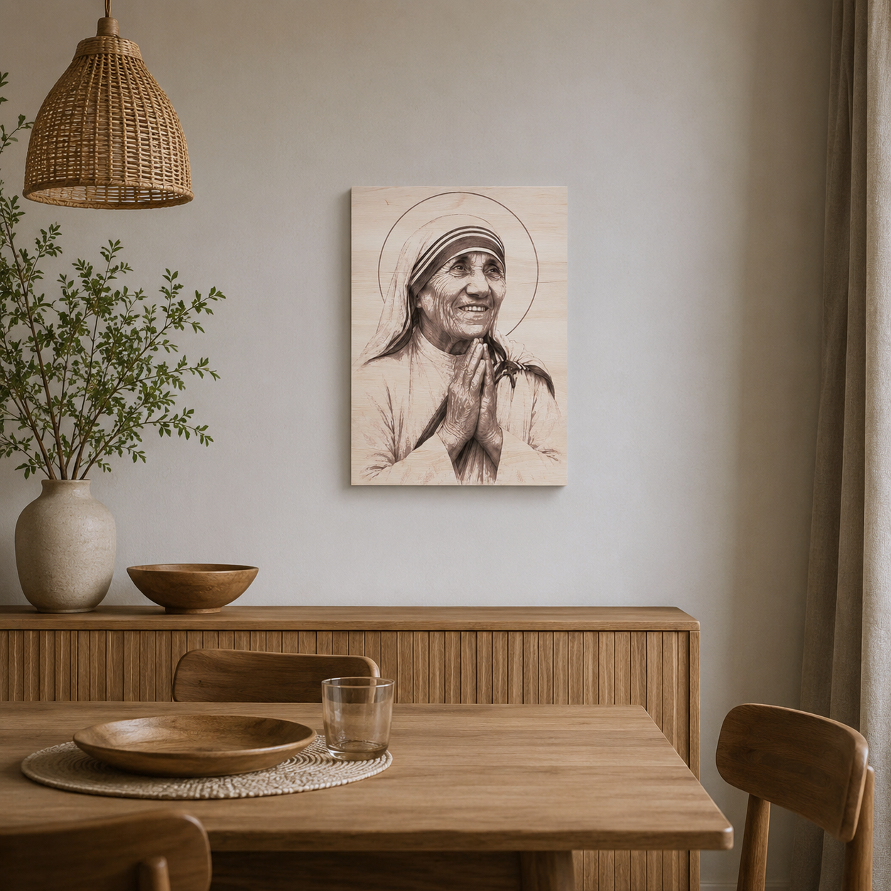 Dřevěný obraz Matky Terezy v moderní jídelně, elegantní laserové gravírování portrétu svaté Terezy z Kalkaty na světlém dřevě, křesťanská dekorace do domácnosti, katolický obraz na zeď do obývacího pokoje nebo jídelny, minimalistický duchovní interiér