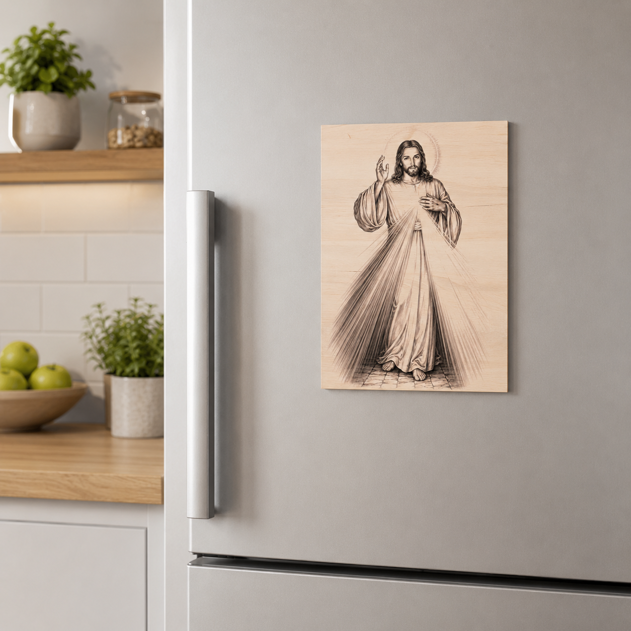 Magnet Božího Milosrdenství umístěný na moderní bílé lednici v útulné světlé kuchyni. Gravírovaný obraz Ježíše Krista s paprsky milosrdenství přináší do každodenního prostoru pokoj, víru a jemnou připomínku Boží přítomnosti.