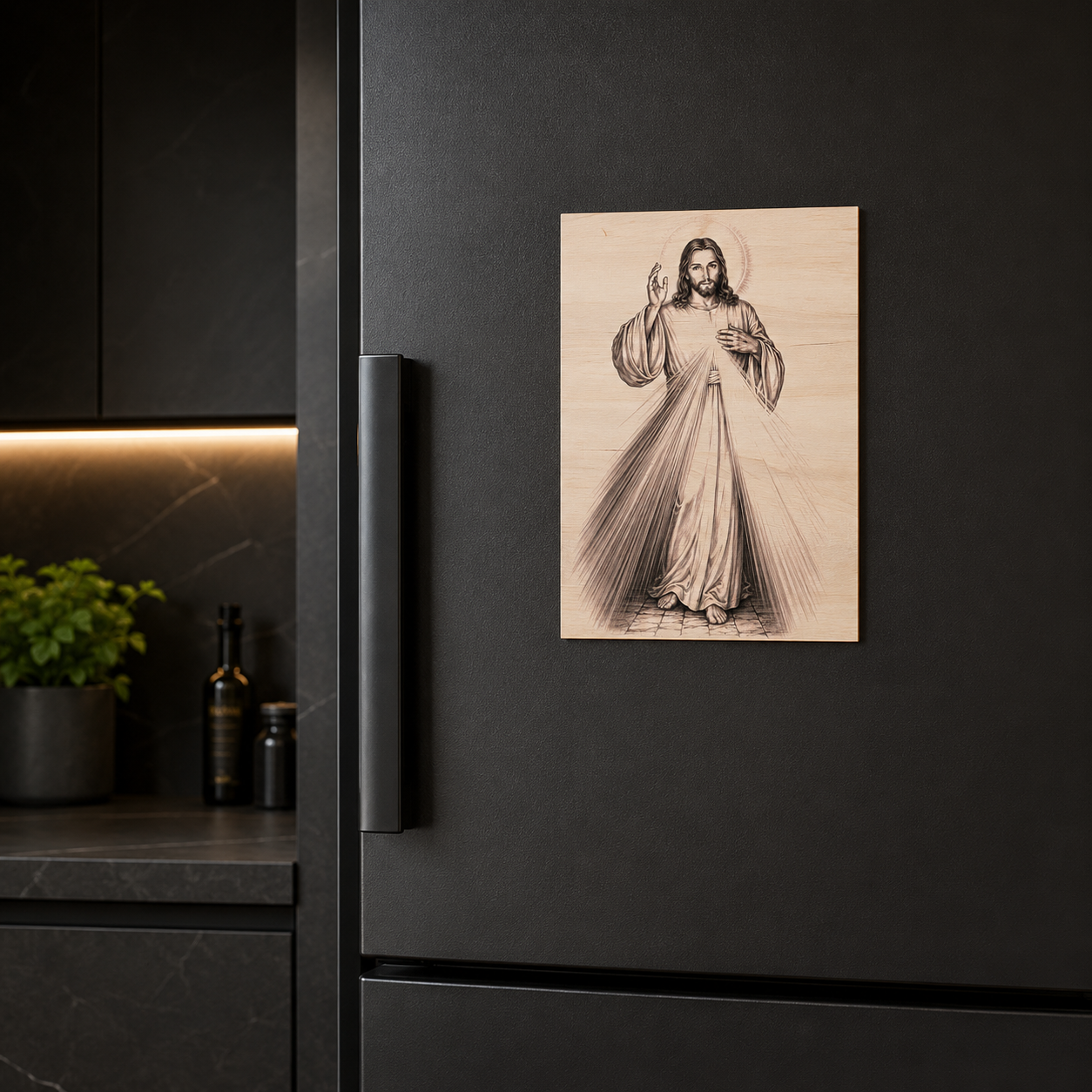 Dřevěný magnet s motivem Božího Milosrdenství na černé designové lednici v moderním interiéru. Kontrast tmavého pozadí a světlého bukového dřeva zvýrazňuje detailní gravírování Kristovy postavy a symboliku Božího milosrdenství.