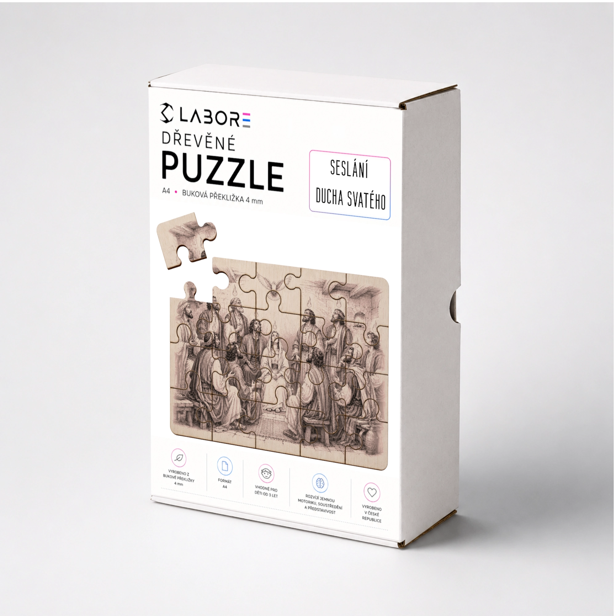 Dřevěné křesťanské puzzle Seslání Ducha svatého – biblický motiv Letnic v dárkovém balení, originální katolický dárek pro rodinu.