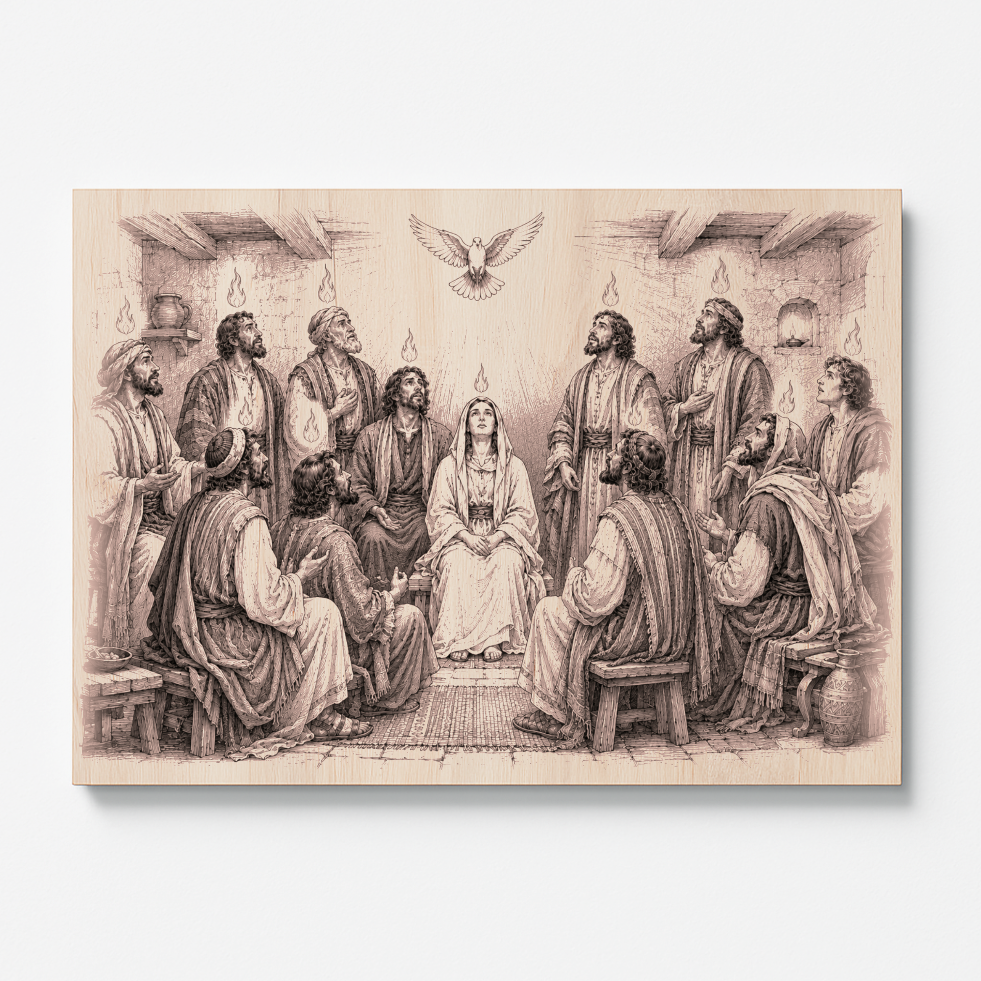 SEO varianta: Gravírovaný dřevěný obraz Seslání Ducha svatého – biblický motiv Letnic na bukovém dřevě, originální katolická dekorace a duchovní dárek.