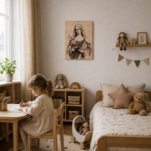 Dřevěný obraz svaté Anežky České zavěšený v útulném dětském pokoji v přírodním stylu. Teplé světlo, dřevěný nábytek a jemné dekorace vytvářejí klidnou atmosféru, zatímco gravírovaný obraz působí jako elegantní duchovní doplněk interiéru.