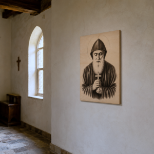 Dřevěný obraz svatého Charbela v interiéru kláštera, gravírovaný portrét maronitského mnicha a světce na světlém dřevě, katolický obraz na zeď do kaple, kostela nebo modlitebny, duchovní dekorace s křesťanským motivem