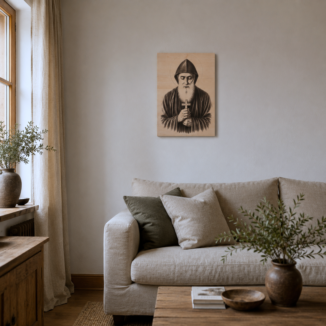 Dřevěný obraz svatého Charbela v elegantním obývacím pokoji, gravírovaný katolický obraz ze světlého dřeva, portrét sv. Charbela Makhloufa s křížem, křesťanská dekorace na stěnu, moderní duchovní interiér s přírodními prvky