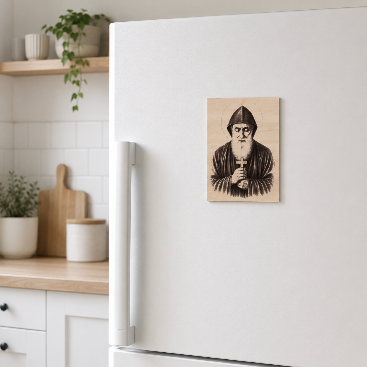 Dřevěný magnet na lednici se svatým Charbelem, laserově gravírovaný portrét sv. Charbela Makhloufa na světlém dřevě, katolický magnet do kuchyně, křesťanská dekorace na lednici, originální náboženský dárek do domácnosti