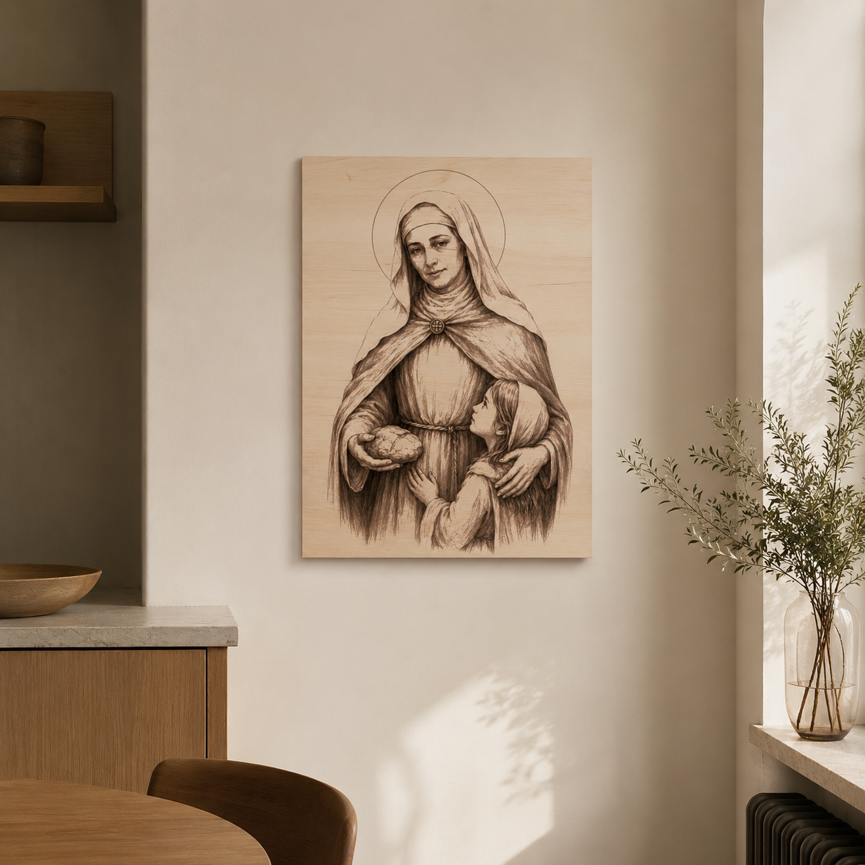 Dřevěný obraz svaté Zdislavy zavěšený v moderním interiéru, gravírovaný křesťanský motiv z bukové překližky jako duchovní dekorace do domácnosti