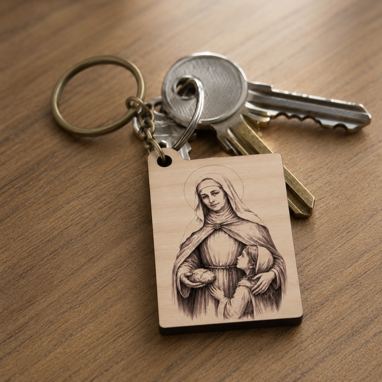 Dřevěná klíčenka se svatou Zdislavou z bukové překližky, gravírovaný křesťanský motiv vhodný jako drobný duchovní dárek