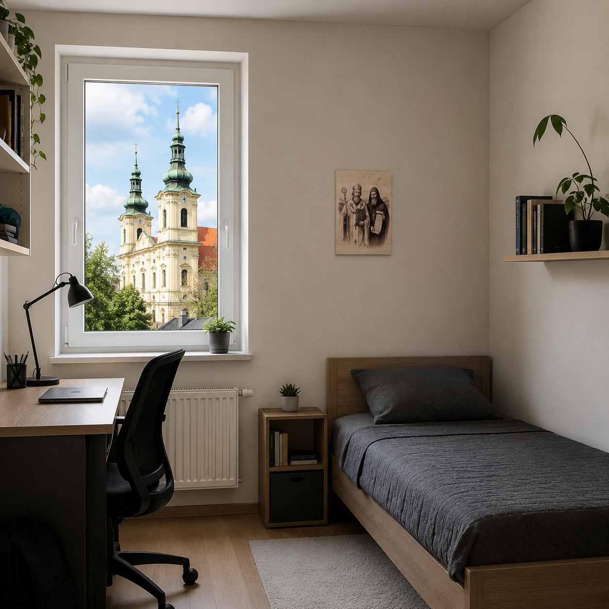 Dřevěný obraz svatých Cyrila a Metoděje v útulném pokoji s křesťanskou atmosférou – dekorace inspirovaná slovanskými věrozvěsty.