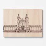 Gravírovaný dřevěný obraz baziliky Navštívení Panny Marie na Svatém Kopečku z bukové překližky s detailní barokní architekturou