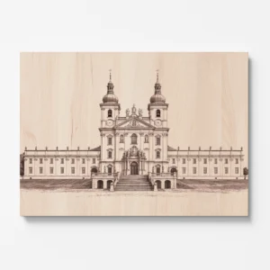Gravírovaný dřevěný obraz baziliky Navštívení Panny Marie na Svatém Kopečku z bukové překližky s detailní barokní architekturou