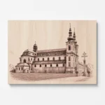 Detail gravírovaného dřevěného obrazu baziliky Velehrad – precizní laserové gravírování sakrální architektury na přírodním dřevě.
