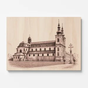 Detail gravírovaného dřevěného obrazu baziliky Velehrad – precizní laserové gravírování sakrální architektury na přírodním dřevě.