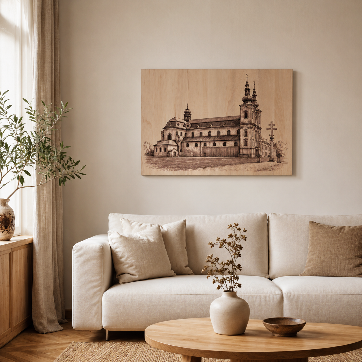 Gravírovaný dřevěný obraz Velehradu nad pohovkou v moderním obývacím pokoji – elegantní křesťanská dekorace do interiéru.
